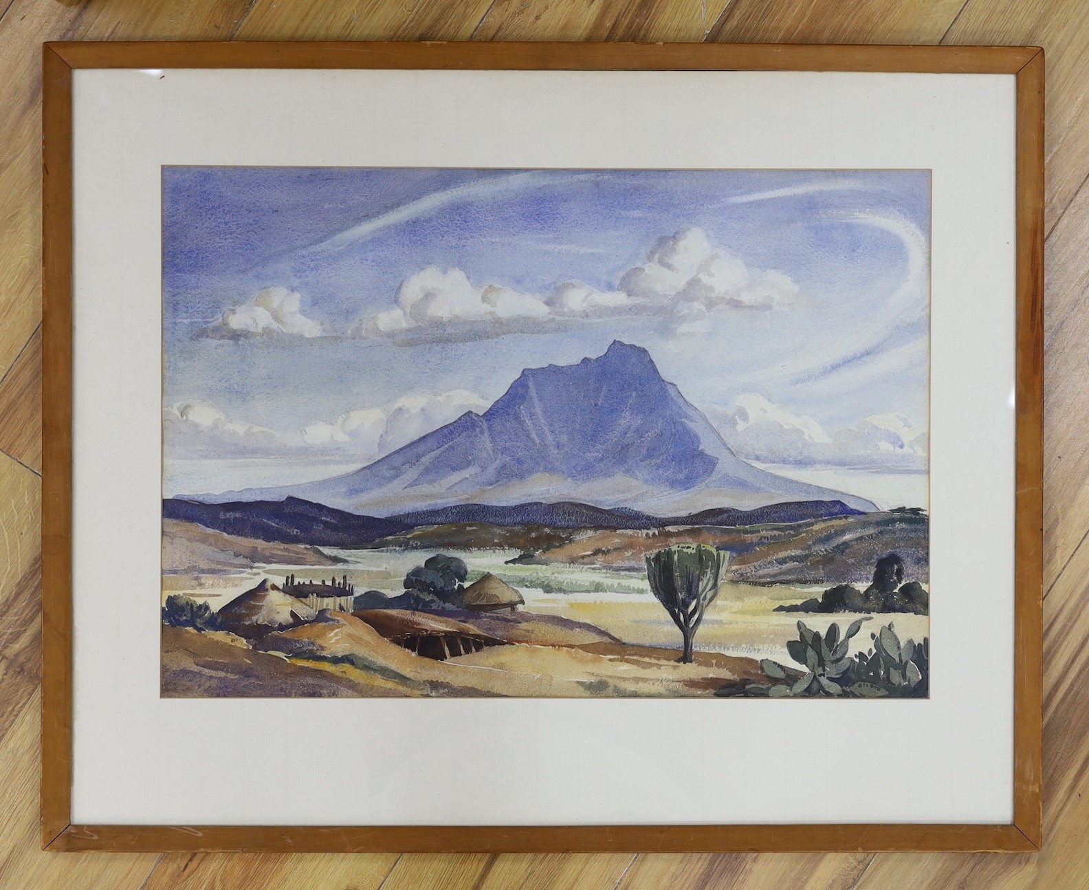 South African, watercolour, African landscape, inscribed on frame 'Mr Bunker JP', 43 x 62cm